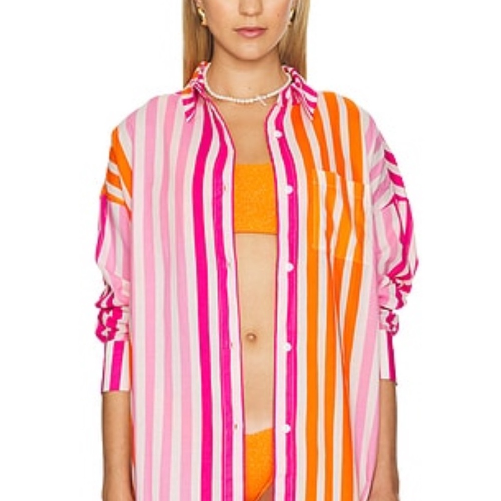 Beach Riot Pink & Orange Striped Oversized Button-Down Shirt – Size S/M